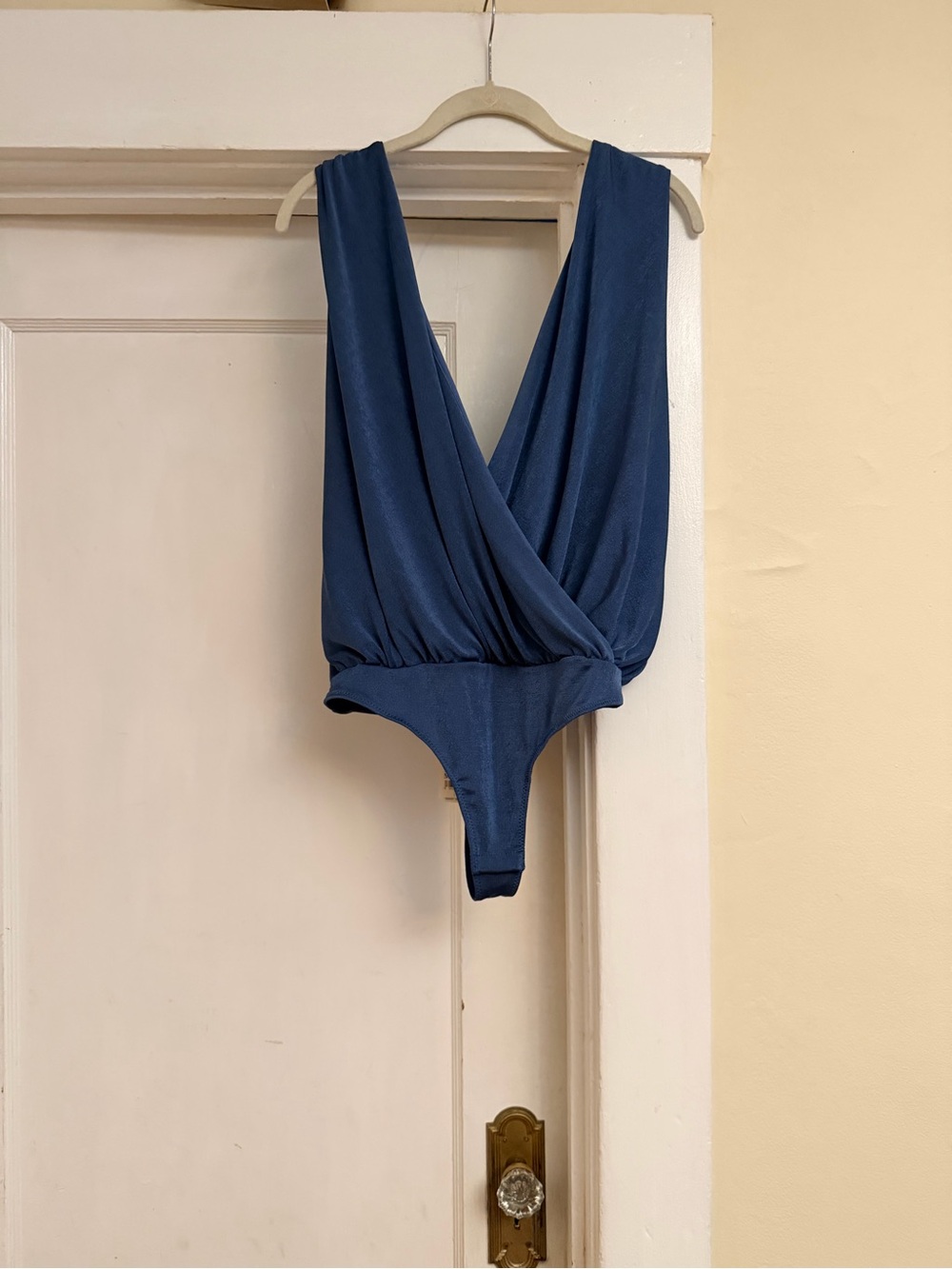 Plunge Wrap Slate Blue Thong Bodysuit for Women